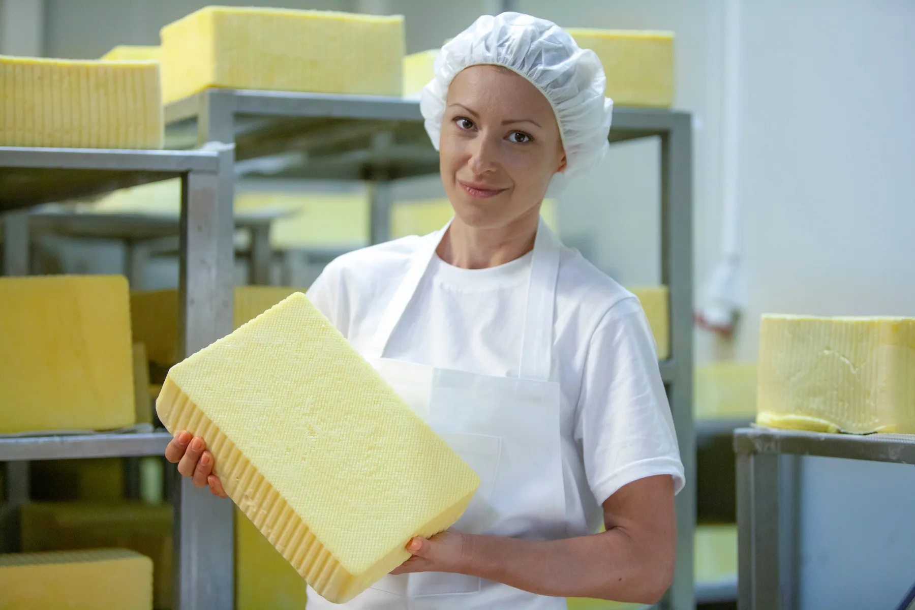 Female worker on yellow cheese production line in an industrial factory