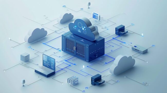 A blue isometric illustration of cloud computing with several devices connected to one server, surrounded by white clouds and network connections on a light background Grootse Concepten