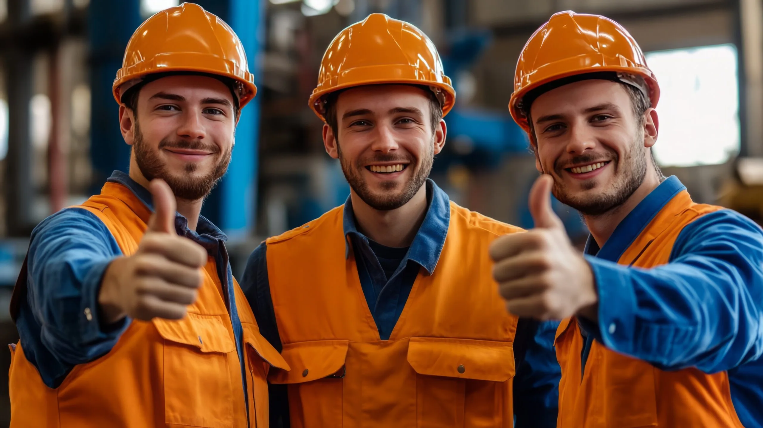 Team of three happy male industrial workers, factory workers in industrial plants showing thumbs up