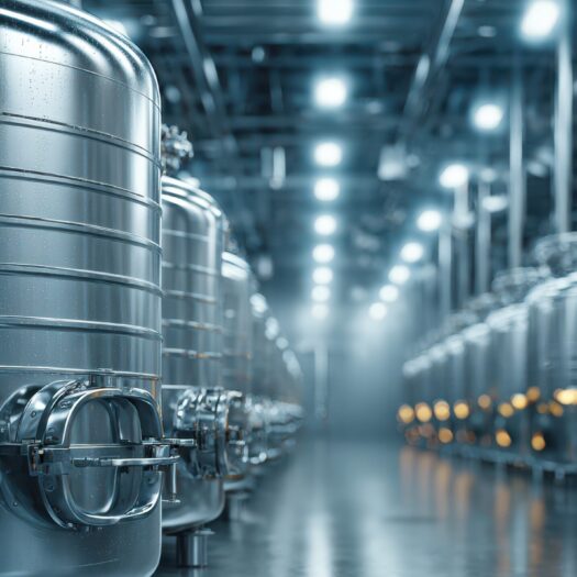 Industrial fermentation tanks in a modern biotechnology facility during a nighttime operation