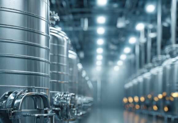Industrial fermentation tanks in a modern biotechnology facility during a nighttime operation Industrial fermentation tanks in a modern biotechnology facility during a nighttime operation
