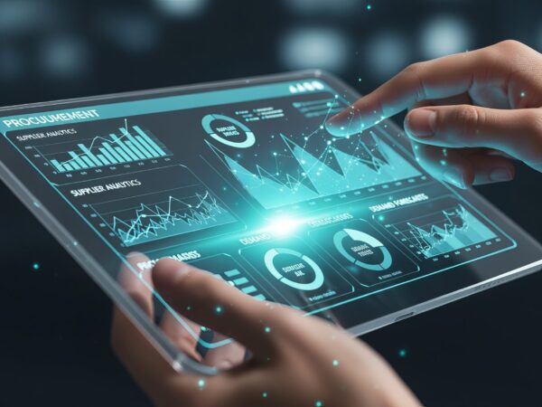 Hands Interacting with a Transparent Tablet Displaying Dynamic Supplier Analytics and Charts